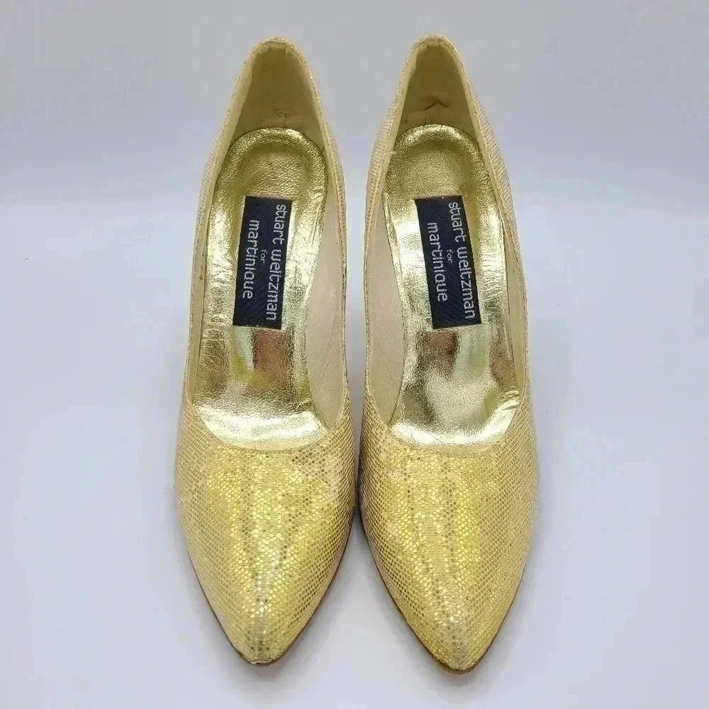 Vintage Stuart Weitzman Martinique Gold Glitter Pointed Toe Stiletto Heels 7.5 - Picture 5 of 16